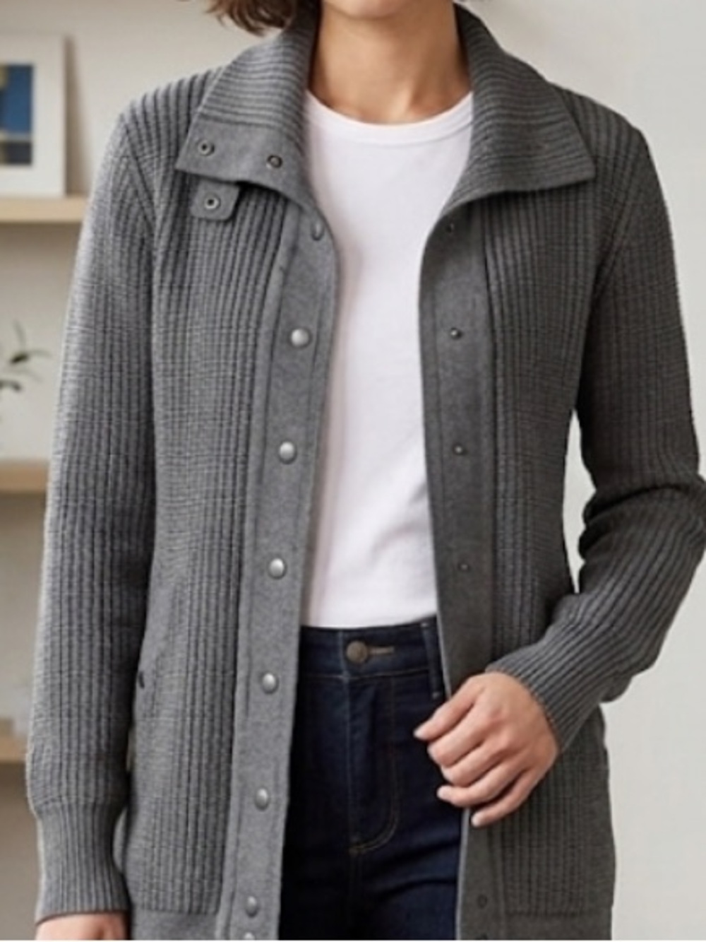 Eileen Fisher Ribbed Merino Wool Cowl Neck Snap Front Knit Cardigan Sweater XS